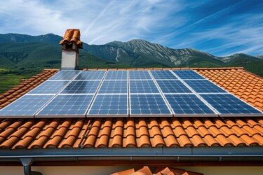 ai generated modern house with solar panels on roof and mountains in the background photo